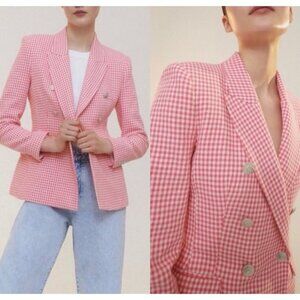 Autres Filles Suit Jacket Blazer L Large Houndstooth Double Breasted Pink White